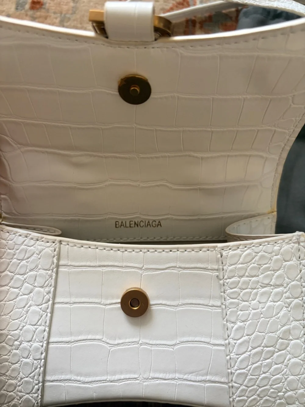 Balenciaga White Croc-Embossed Mini Hourglass Top Handle Bag with Gold 'B' - Picture 4 of 4